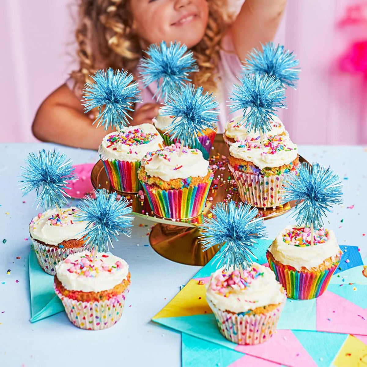 Gyufise 30Pcs Foil Firework Cupcake Toppers Sparkle Tinsel Cake Toppers Tinsel Drink Cake