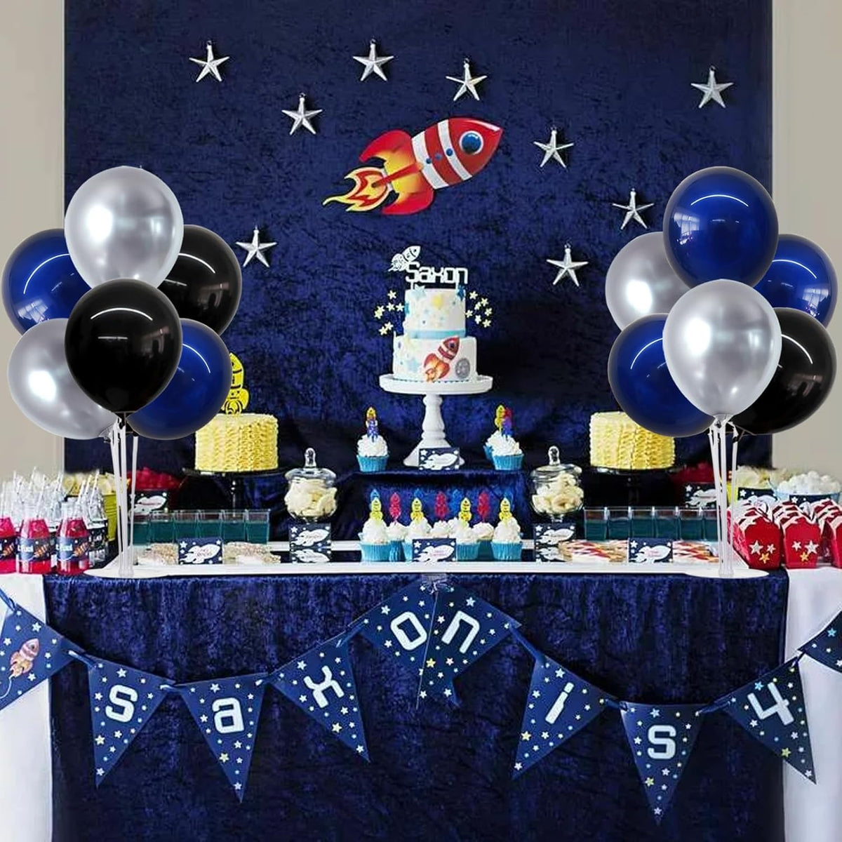 TONIFUL 4 Set Black and Blue Silver Balloon Centerpieces for Table,Balloon Stand Kit for Graduation