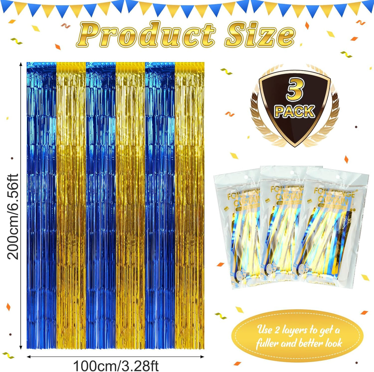 3 Pack 3.3Ft x 6.6Ft Graduation Foil Fringe Curtain Backdrop Decorations, Blue Gold Metallic Tinsel