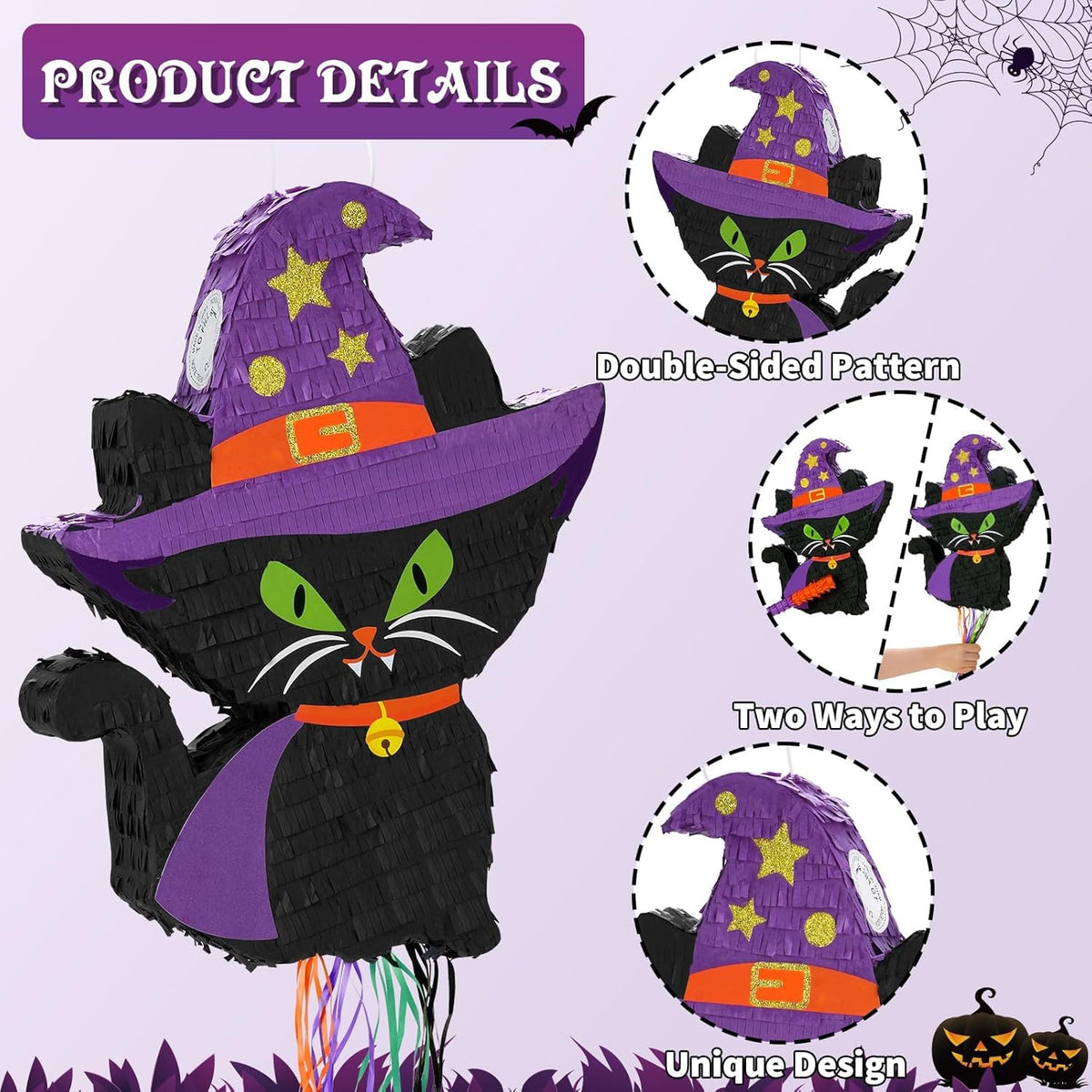 WERNNSAI Halloween Cat Pinata - Halloween Party Decorations Black Cat Pinata Witch Hat for Kids