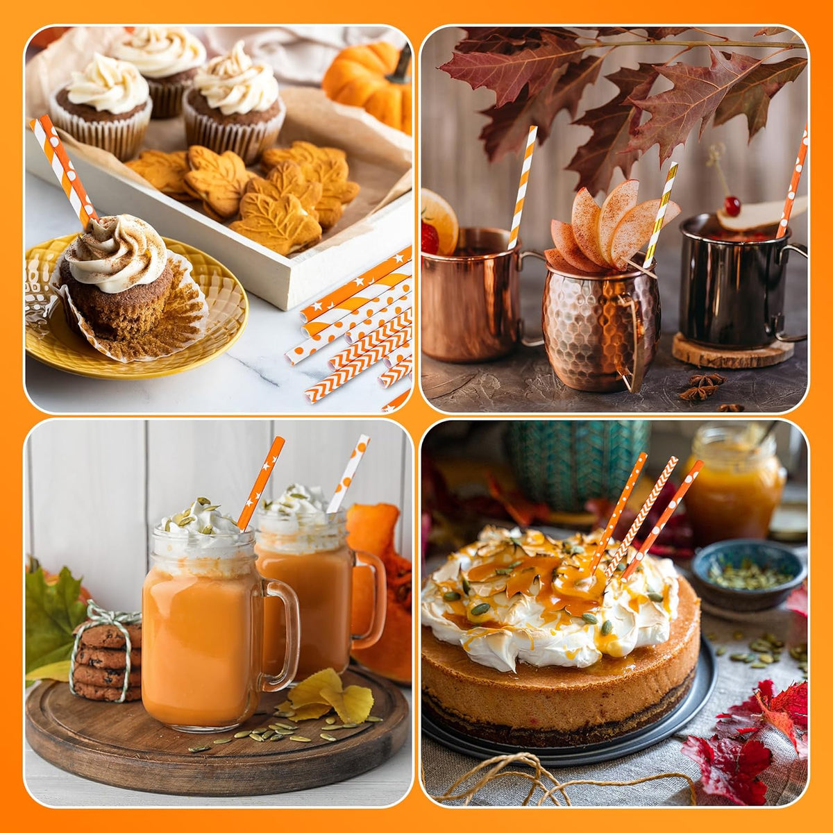 Cooraby 200 Pieces Thanksgiving Paper Straws Orange and Gold Assorted Paper Straws Biodegradable