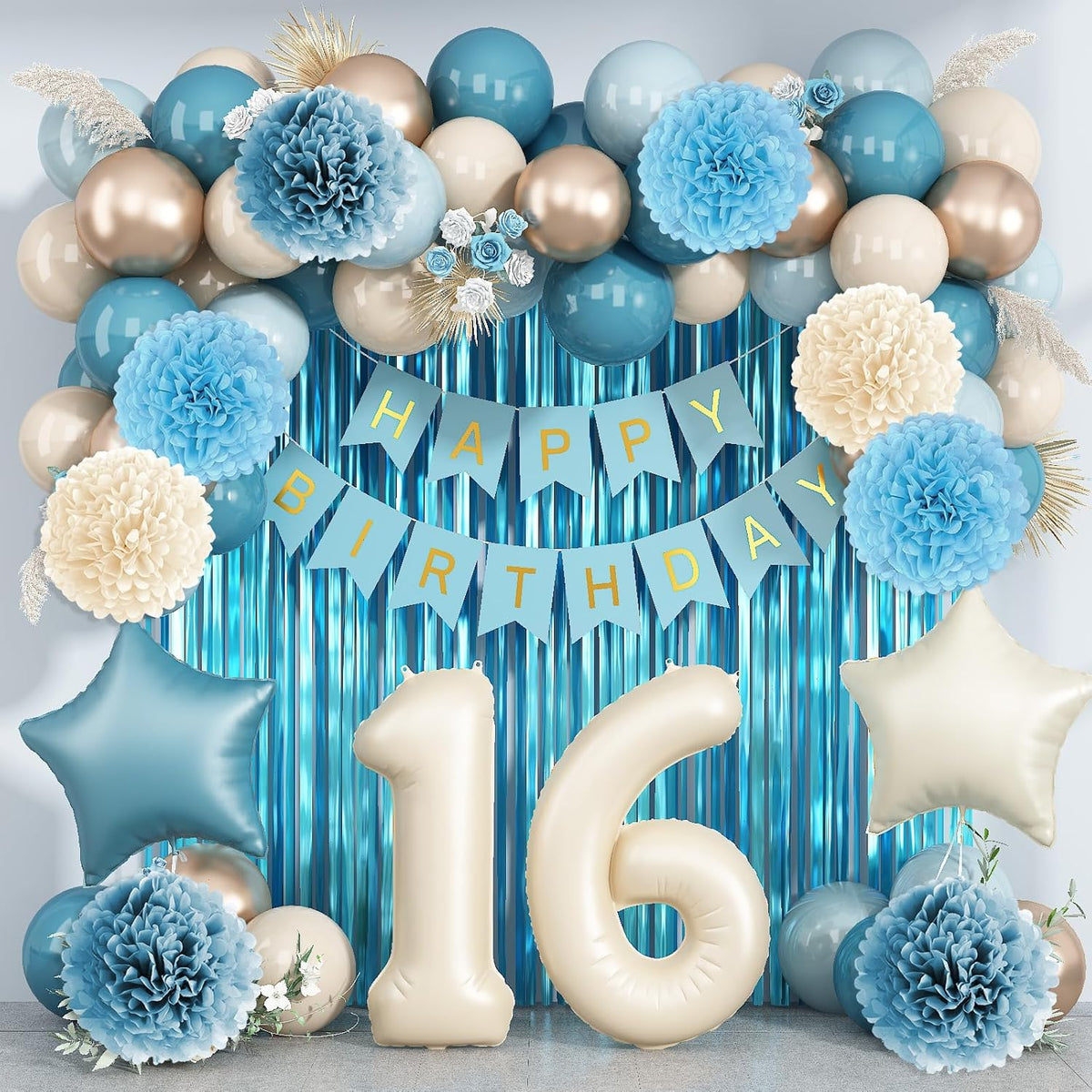 Dusty Blue 16th Birthday Party Decorations Boys Girls Beige Cream Number 16 Balloon with Blue Gold