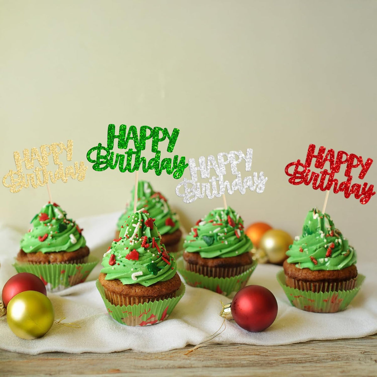 Gyufise 24Pcs Happy Birthday Cupcake Toppers Glitter Birthday Cupcake Food Picks for Celebrating