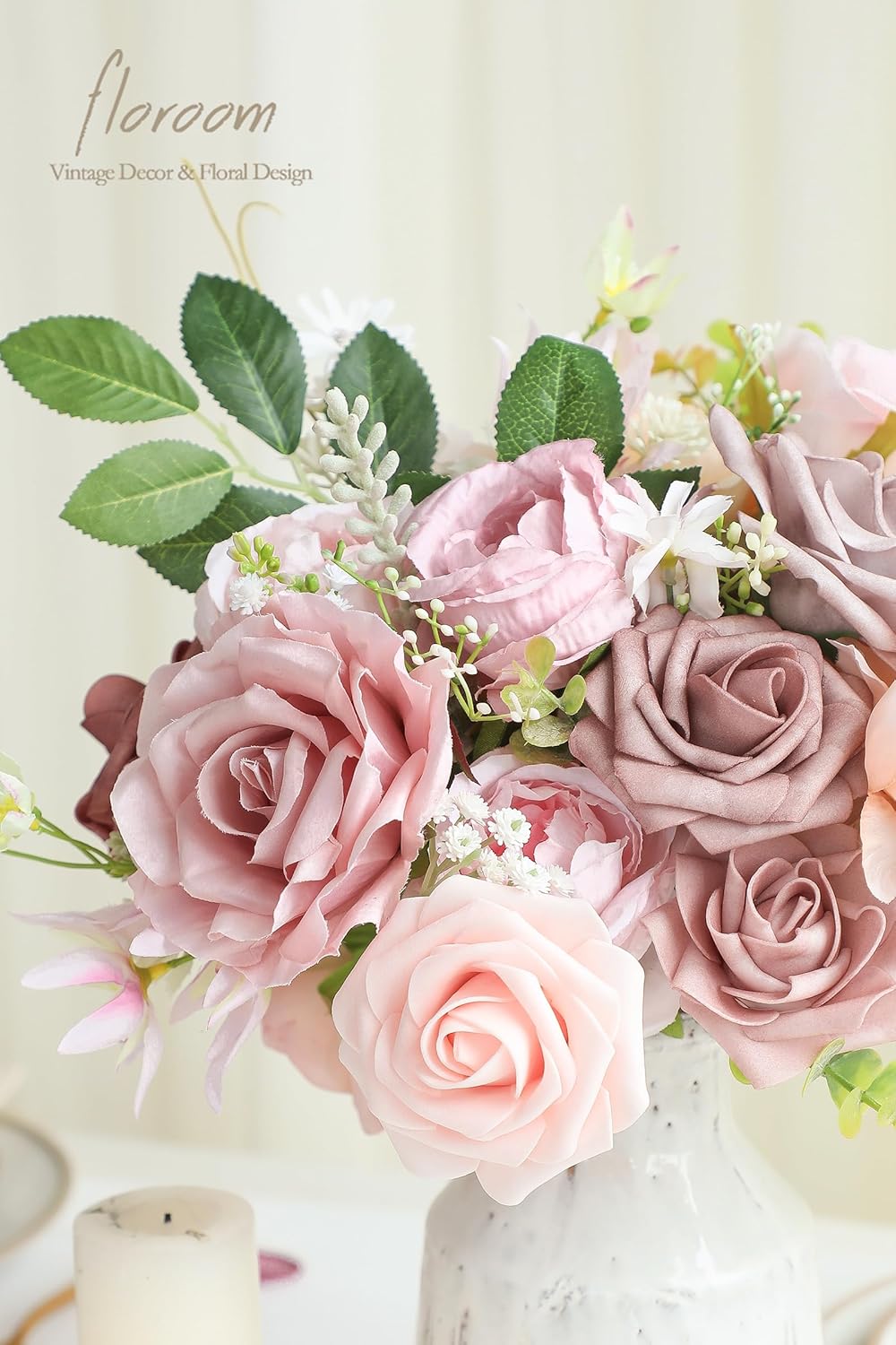 Floroom Dusty Rose Artificial Flowers Fake Roses Peonies and Greenery Combo Box Set for DIY Wedding