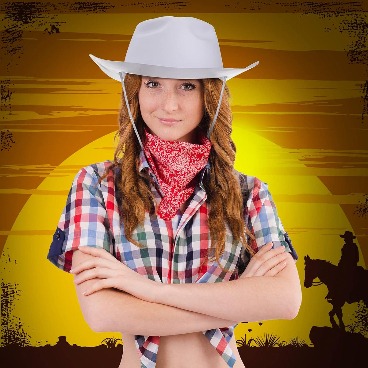 Mepase 24 Pieces Disposable Plastic Western Cowboy Hat Set Felt Wide Brimmed Cowgirl Hats for Men
