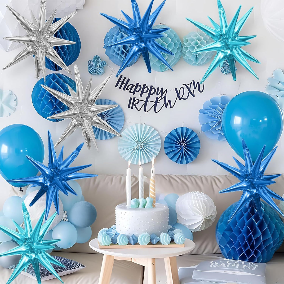 Blue Silver Star Balloons,9Pcs 22Inch Blue Silver Explosion Spike Cone Helium Polyester Film Star