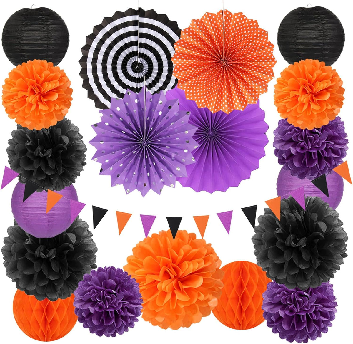 Black Orange Purple Halloween Party-Decorations - 20pcs Paper Lanterns Fans,Tissue Pom