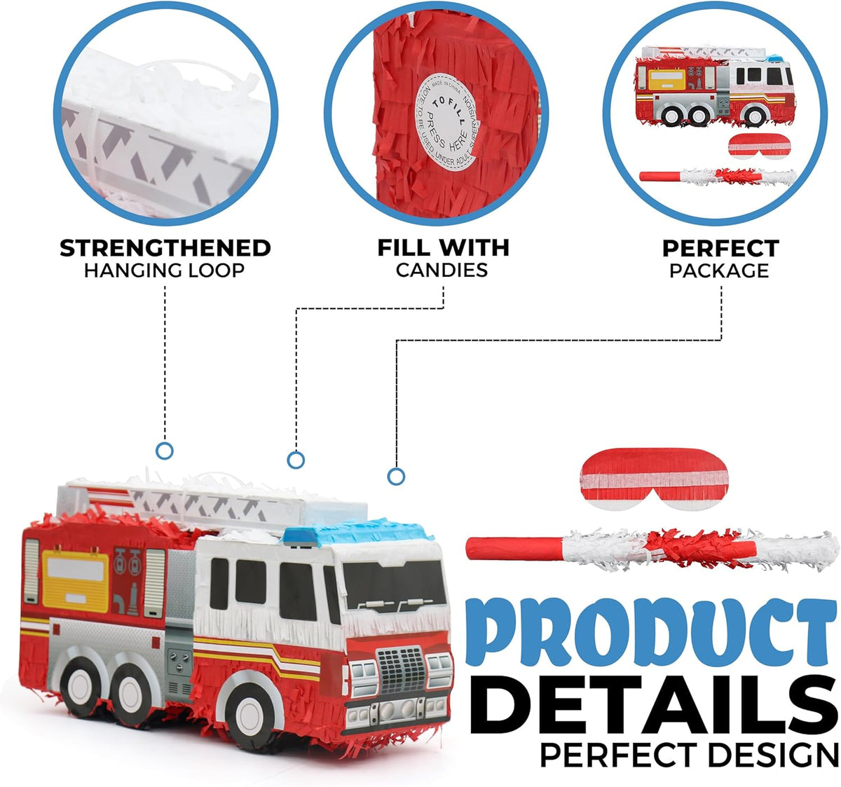 Small Fire Truck Pinatas Bundle with a Blindfold and Bat(16.1x8x5.1 Inches), Perfect for Firetruck