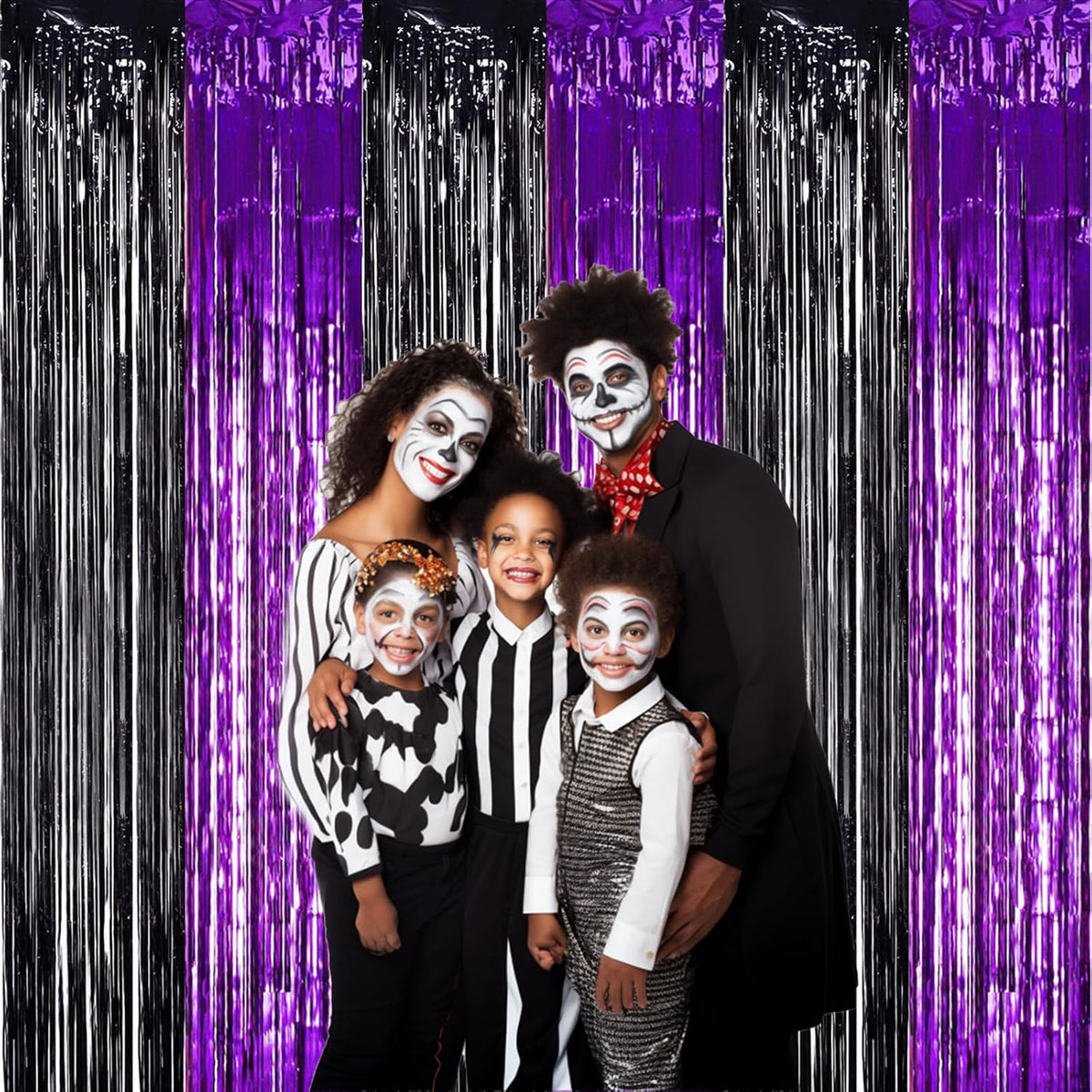 TONIFUL 2Pcs Black Purple Door Streamers,Photo Booth Backdrop Metallic Streamers Foil Fringe