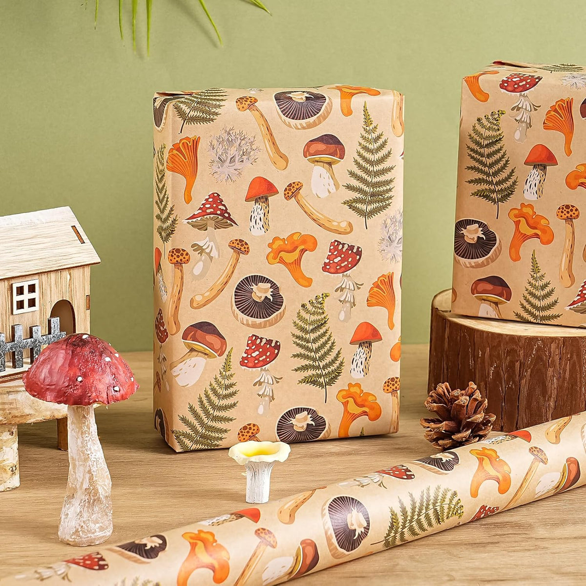 WRAPAHOLIC Kraft Mushroom Wrapping Paper Roll - Mini Roll - 17 Inch x 16.5 Feet - Mushroom Gift