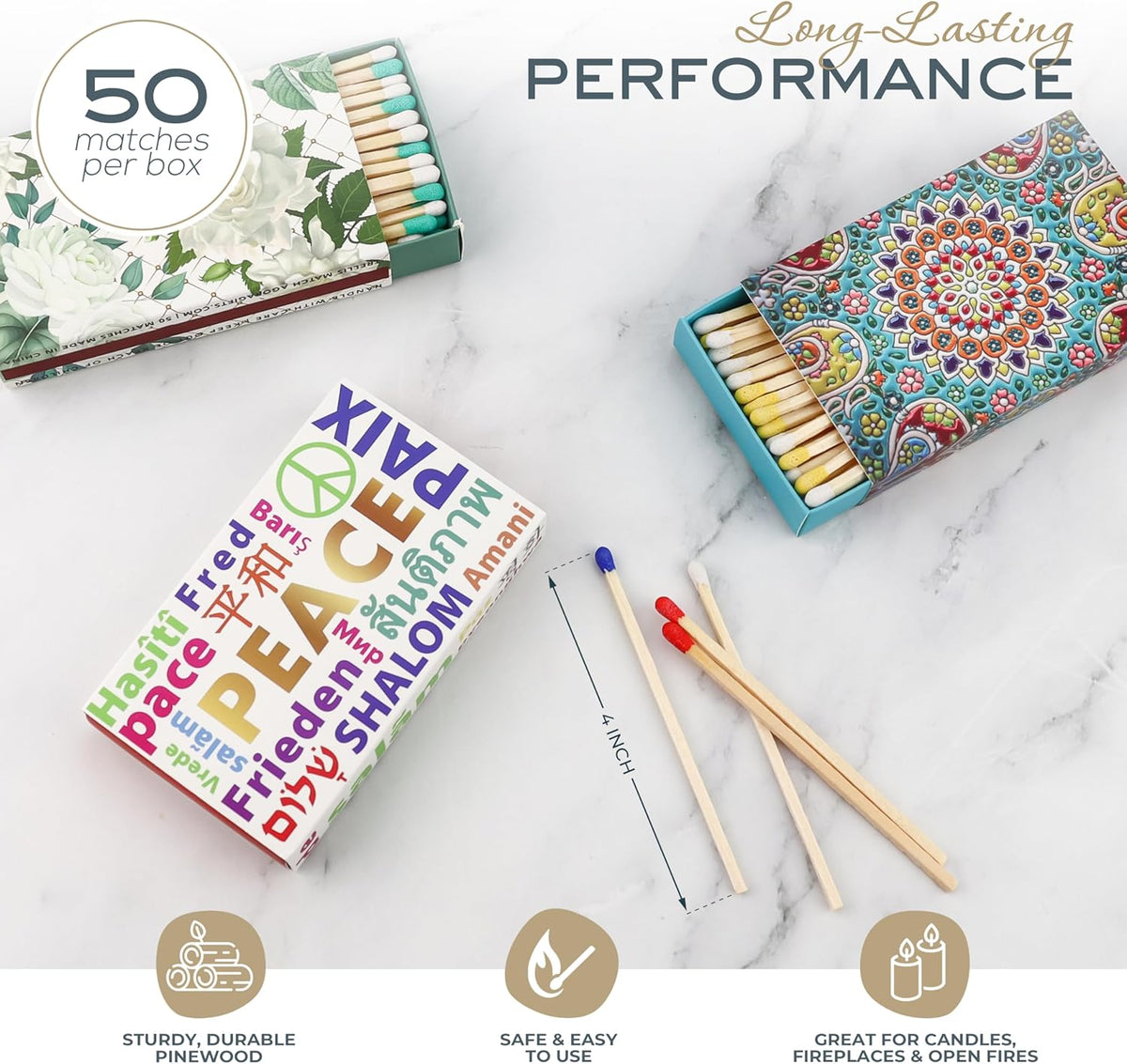 Decorative Matches Box -4-Inch Long Matches for Candles with Strike - Wooden Colorful Candle Sticks