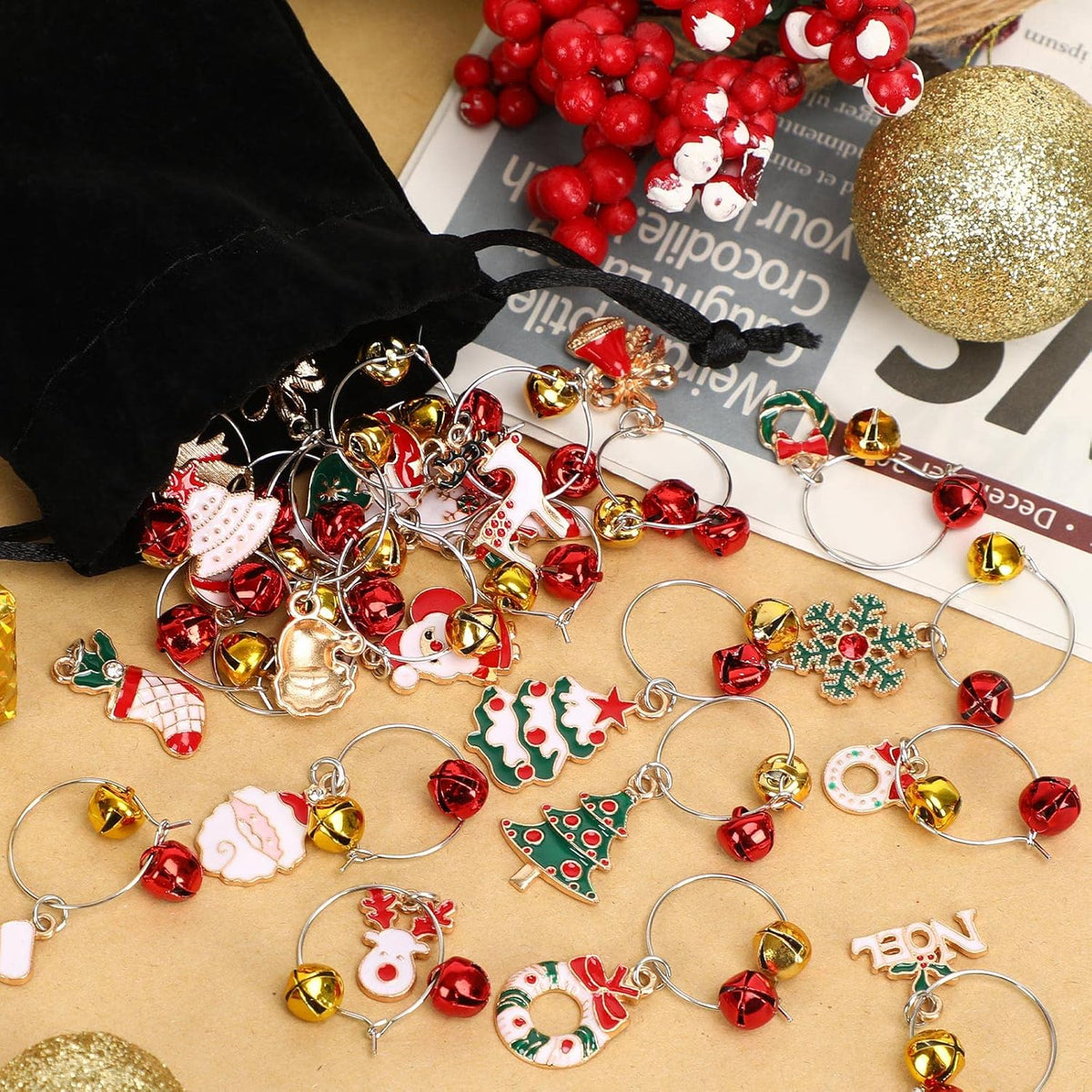 SANNIX 24pcs Christmas Wine Glass Charms - Identification Markers for Stem Glasses, Wine Tasting