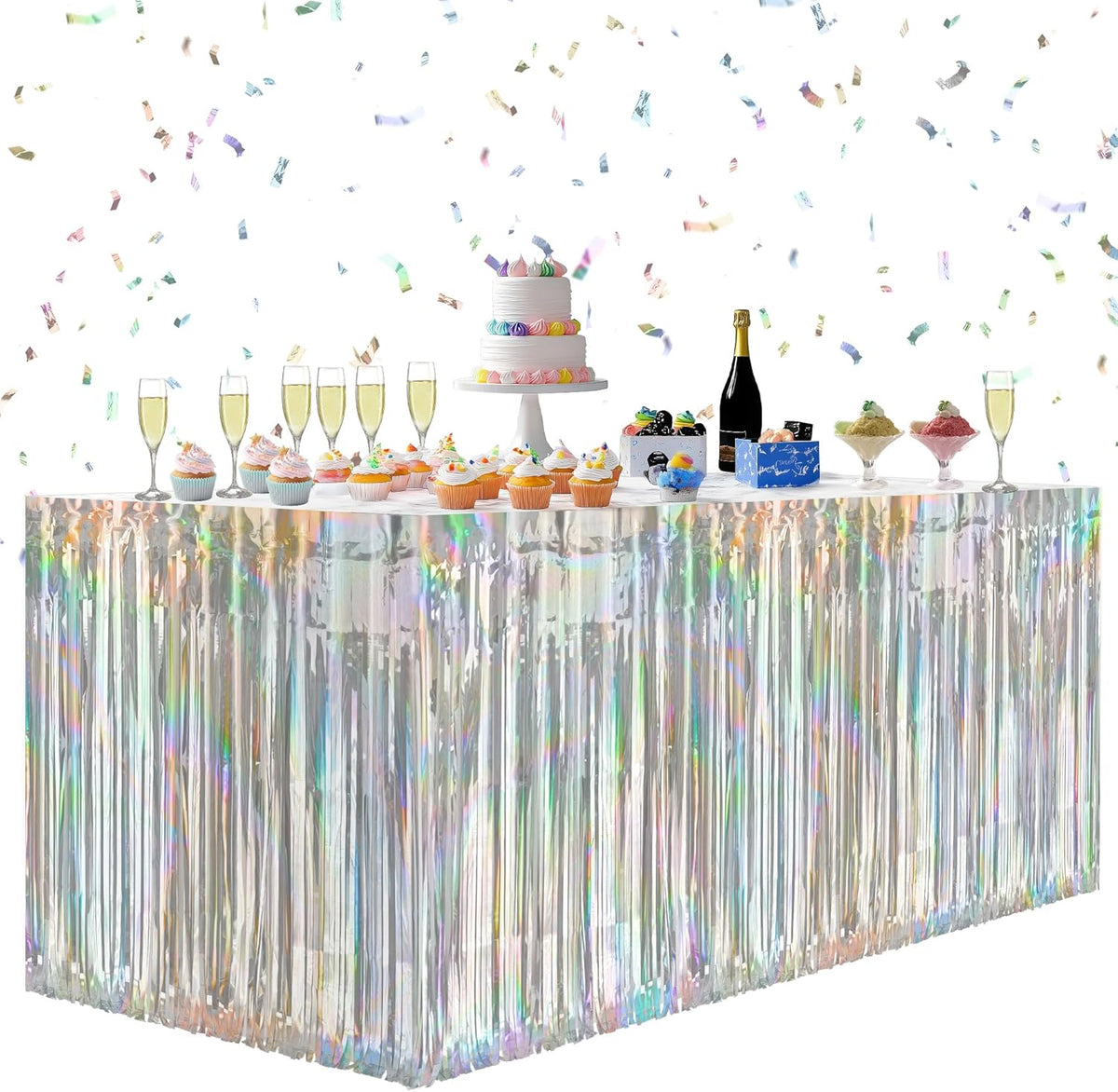 2 Pack Laser Silver Table Skirts, 29x108" Metallic Foil Tinsel Fringe Table Skirts for Rectangle
