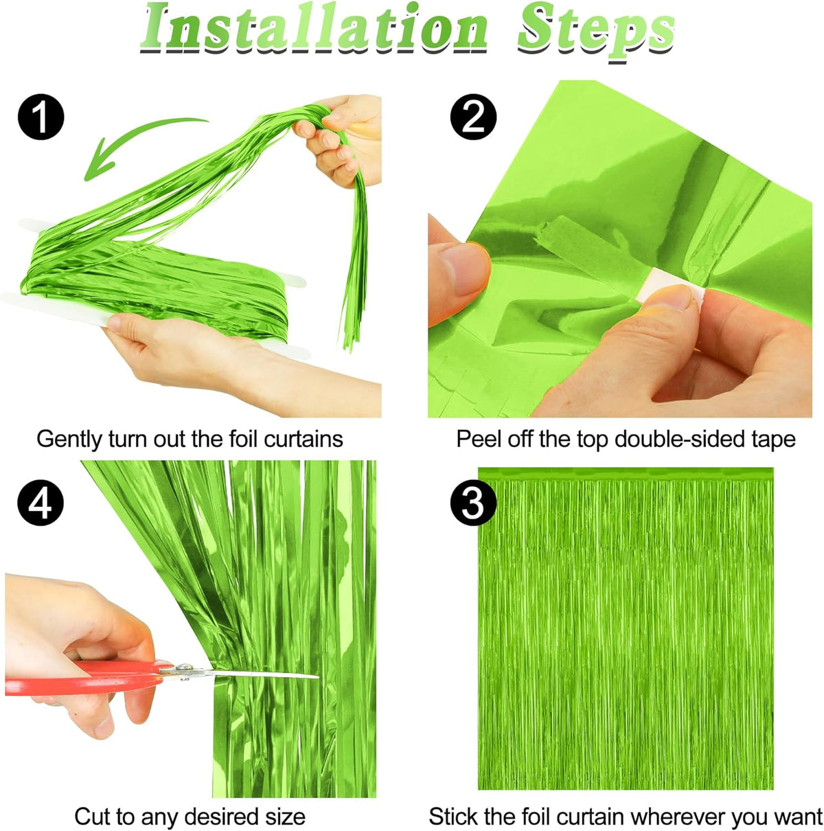 2 Pack Backdrop Curtains, 3.28 Feet x 7.05 Feet Grass Green Fringe Curtains, Metallic Tinsel