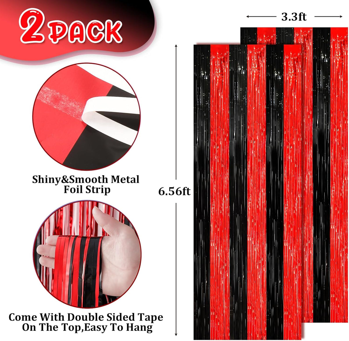 2 Pack Red and Black Tinsel Foil Fringe Curtains, Red and Black Party Decorations, Metallic Tinsel