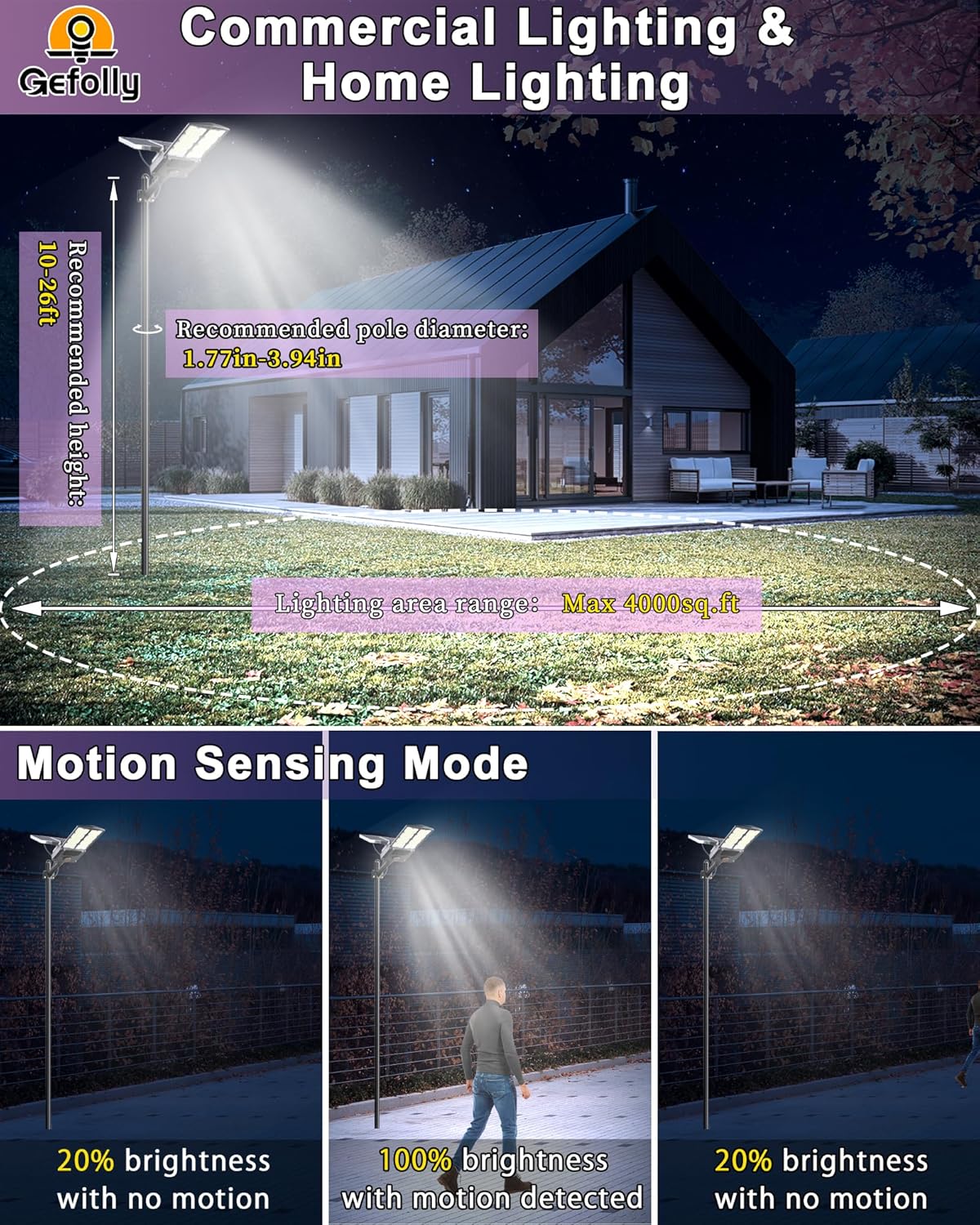 Gefolly SL-11000W Solar Street Light Outdoor 700000LM Commercial Parking Lot Lights Dusk to Dawn