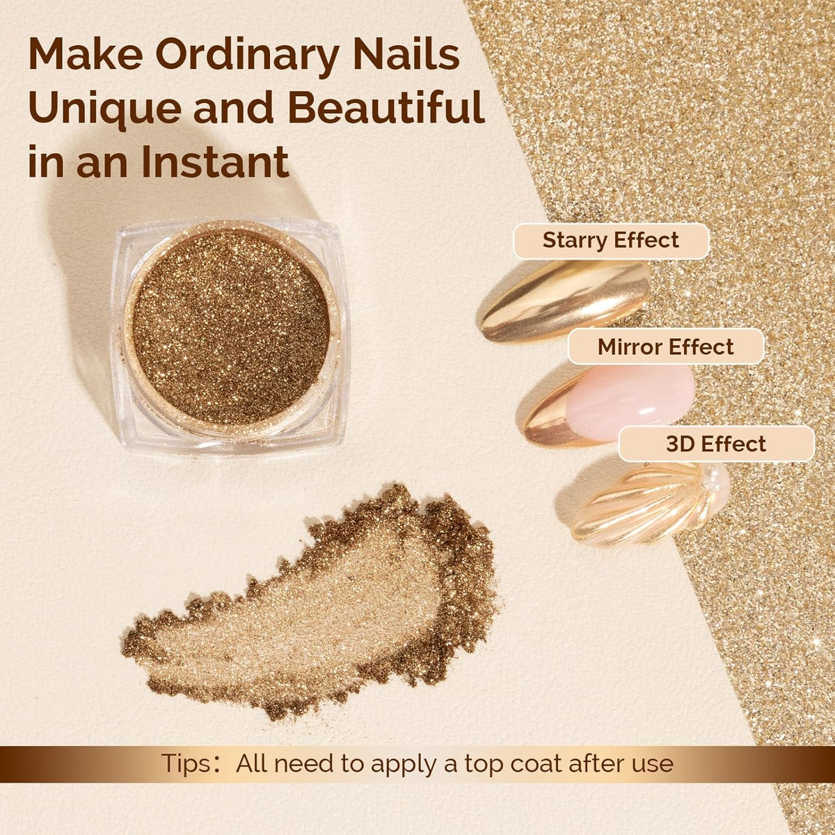 MelodySusie Champagne Gold Chrome Nail Powder for Gel Nails,Metallic Mirror Effect Pigment Stylish