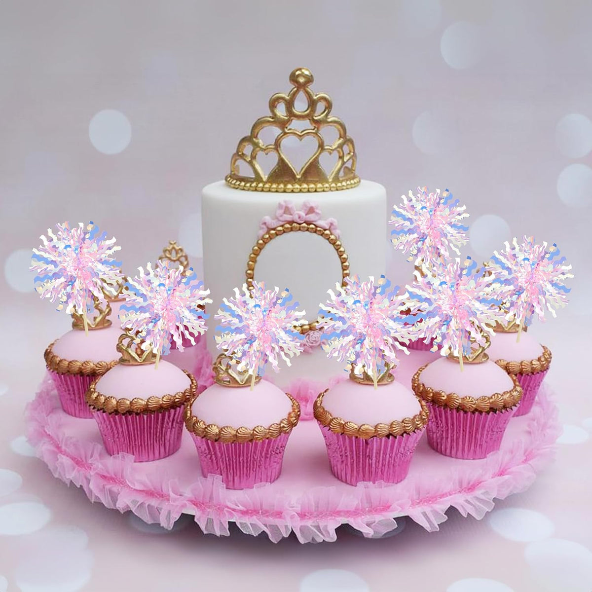 Ephlyn 30Pcs Foil Firework Cupcake Toppers Firework Cake Toppers Tinsel Flower Drink Stirrers