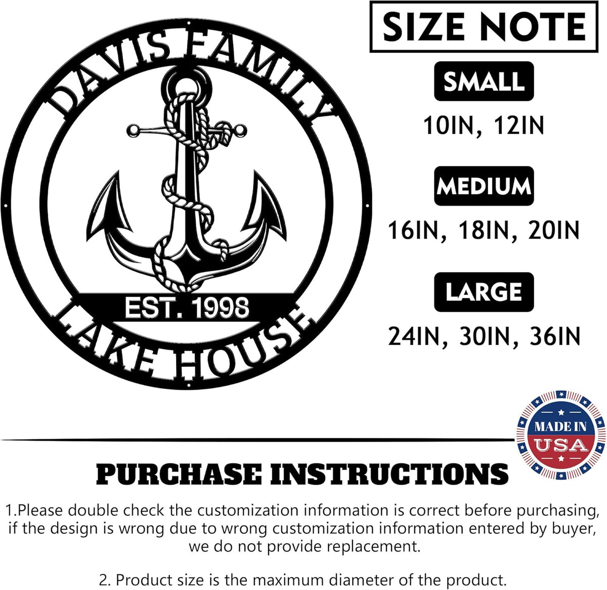 Personalized Metal Anchor Sign, Custom Family Last Name Sign, Nautical Outdoor Monogram Wall Art