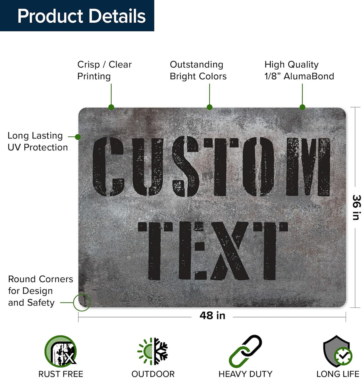 Custom Sign, Custom Street Sign, 11 Font Colors, 13 Font Styles, 4 Hole Options, 22 Sizes, 36x48
