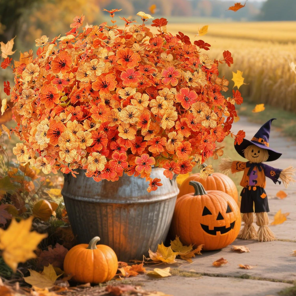 AmyHomie 16 Bundles Fall Orange Yellow Artificial Flowers for Outdoor Fall Decor UV Resistant Faux