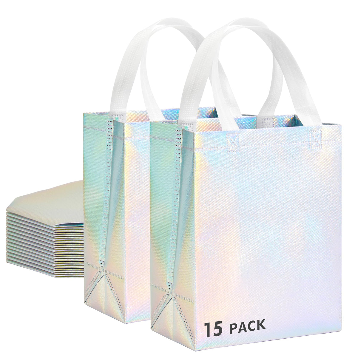 RACETOP 15 Pcs Iridescent Glossy Gift Bags Medium Size, 8x4x10 Inch Holographic Reusable Gift Bags