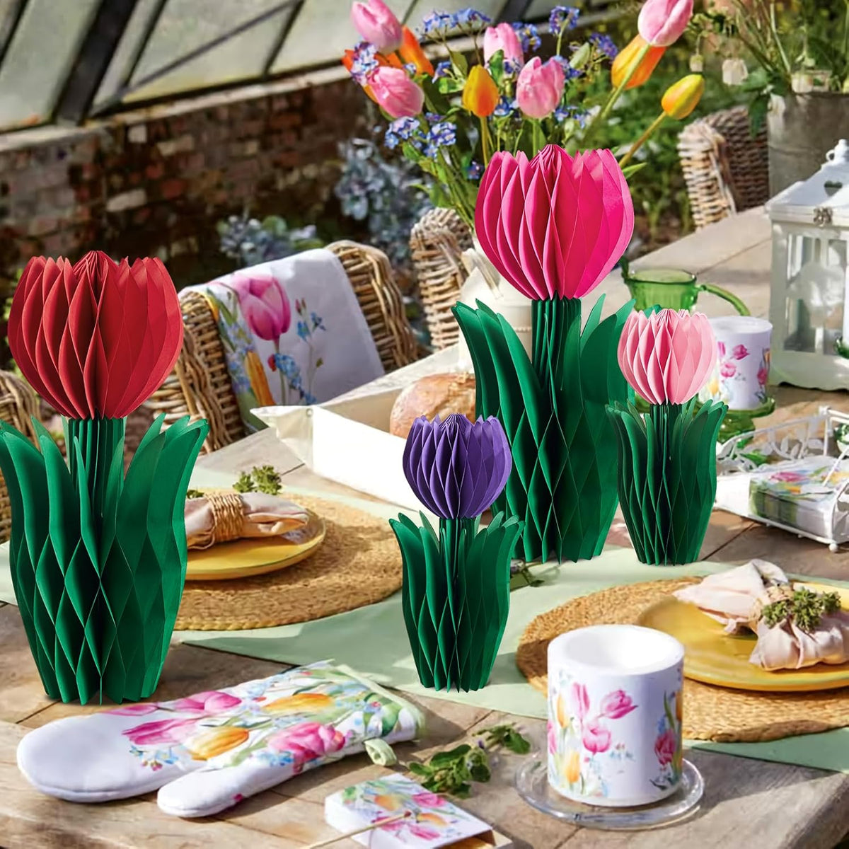 SUNBEAUTY 8 PCS Flower Honeycomb Decoration - Red Tulip Decor for Mother's Day and Spring - Table