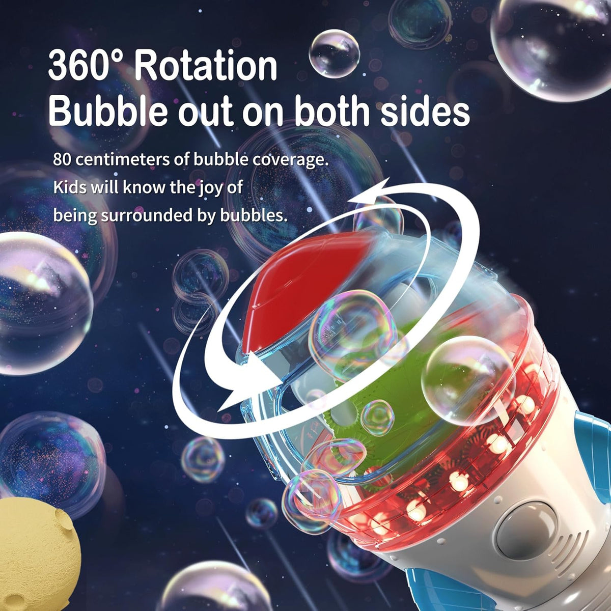 Rocket-Shaped Bubble Machine for Kids & Pets - Dual Powerful Bubble Outlets, Automatic 360°
