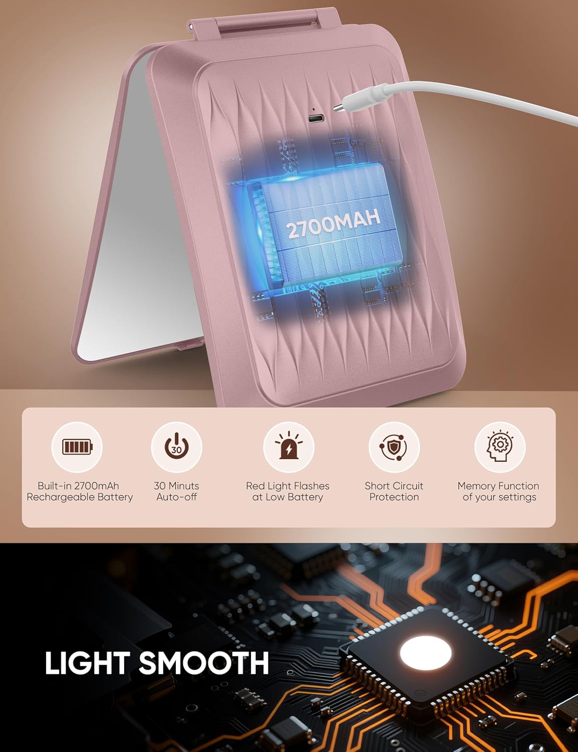 1X/10X Magnifying Makeup Mirror with 3 Colored Lights and Touch Control, 2700mAh Rechargeable LED
