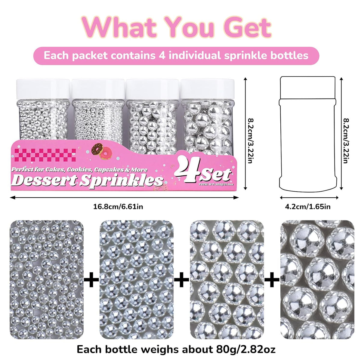Silver Pearl Sprinkles for Cake Decorating, 11.3 Oz Edible Pearls Sugar 4 Sizes Gift Box Set for