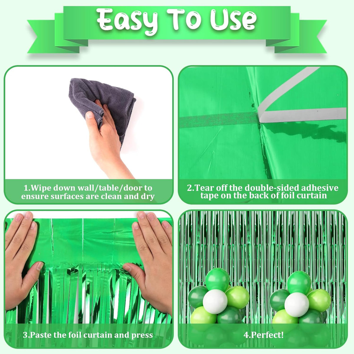2 Pack Green Foil Fringe Backdrop Curtains, Tinsel Streamers Birthday Party Decorations, Fringe