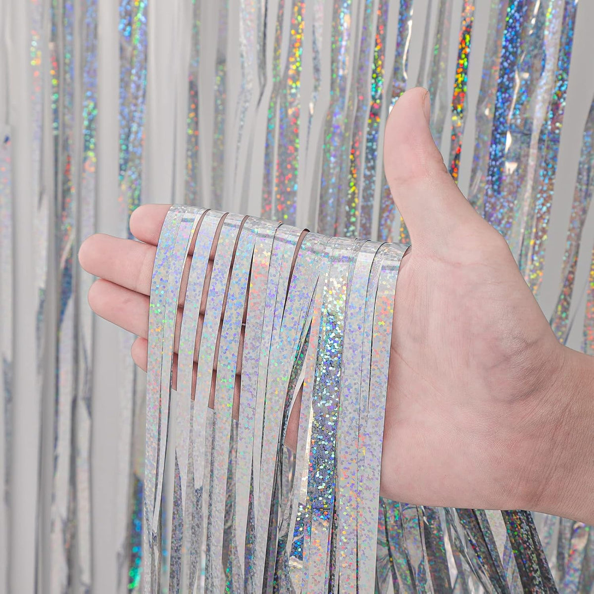 3 Pack 3.3x8.2 Feet Laser Silver Foil Fringe Backdrop Curtains, Tinsel Streamers Birthday Party