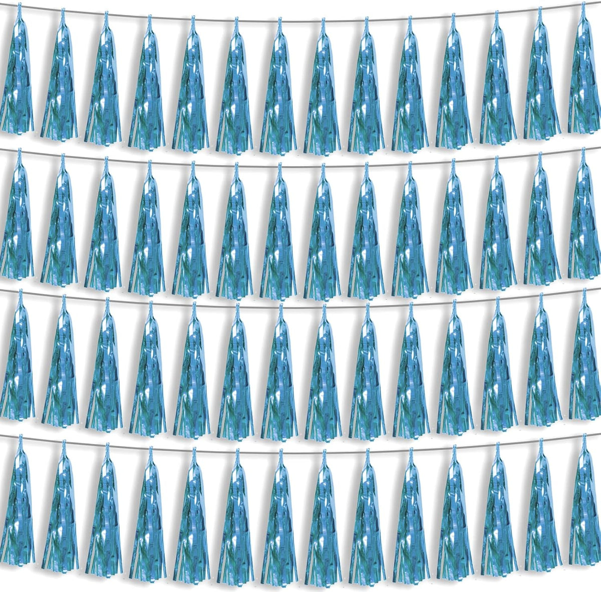 4P Light Blue Foil Fringe Metallic Streamers Banner Tassel Garland for Parade Floats, Bachelorette