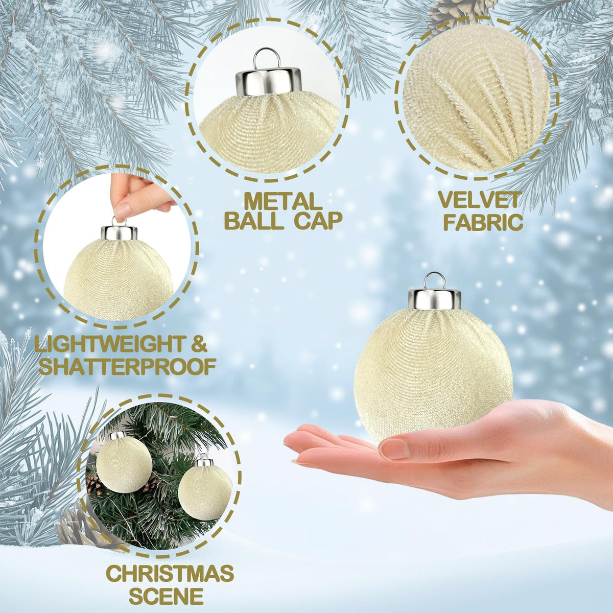 Beige Velvet Christmas Ball Ornaments for Tree 15 PCS, Large Neutral Flocked Christmas Bulbs