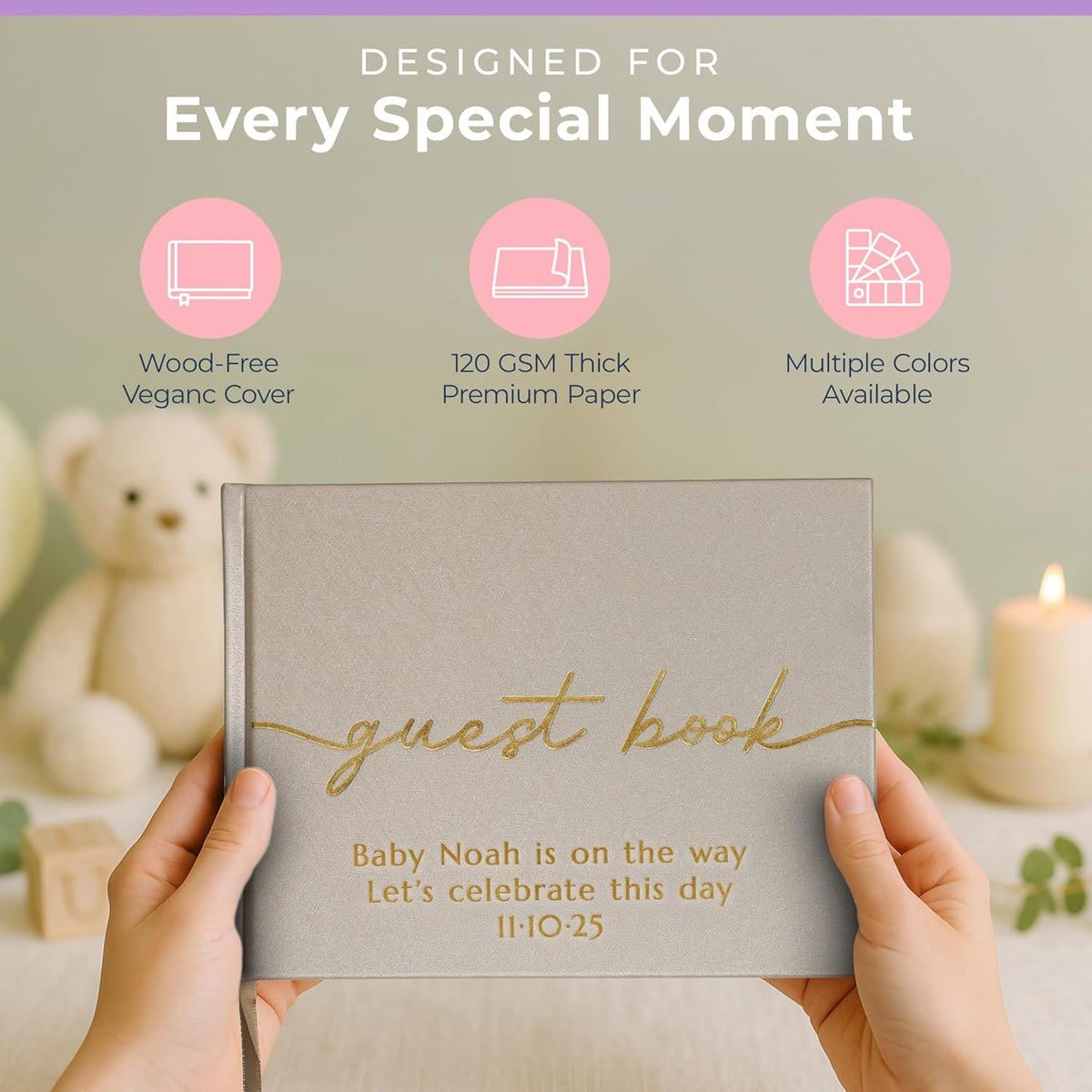 Promot Personalized Guestbook for Party (Champaigne Beige) - 110 Lined Pages in Wood-Free Vegan