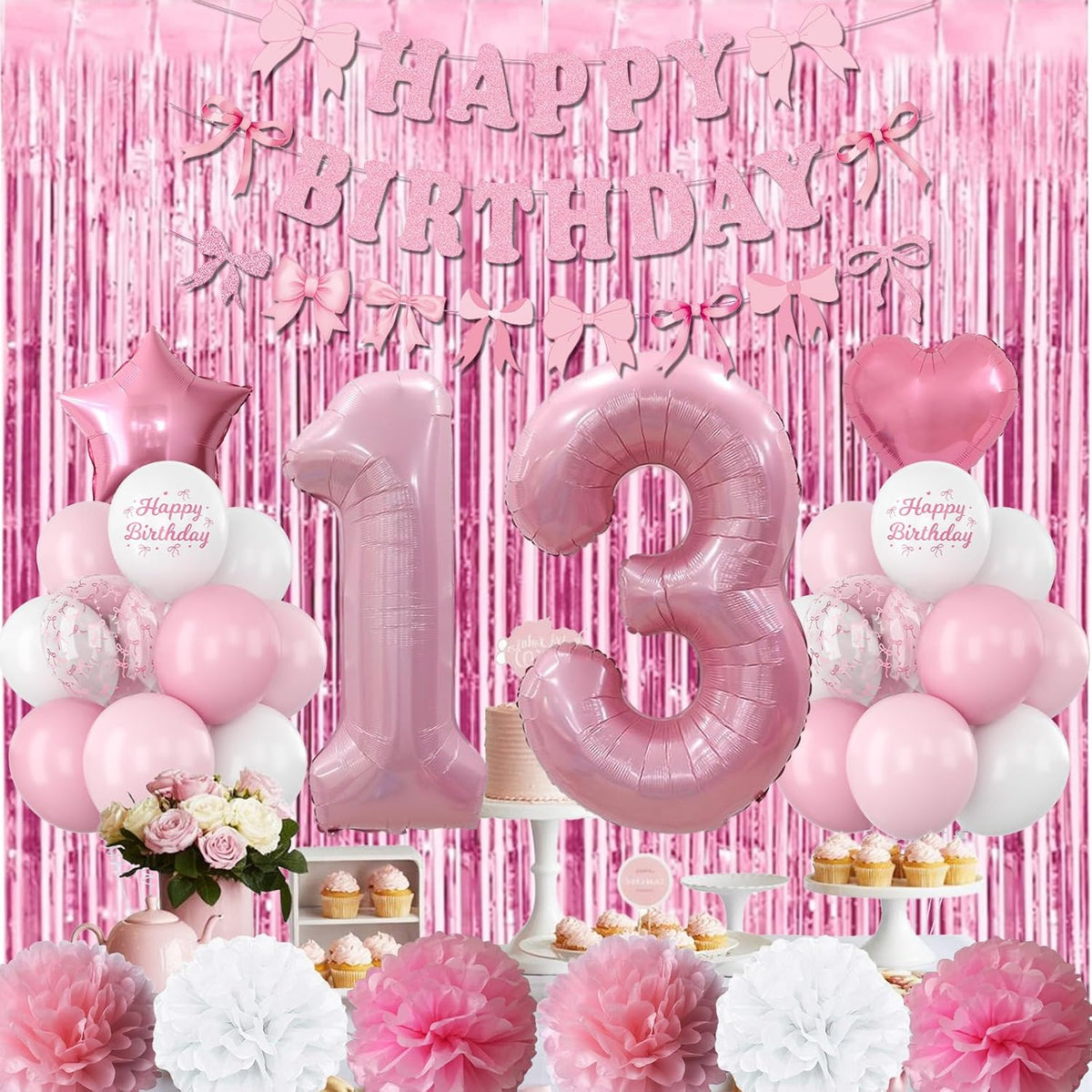 13th Birthday Decorations for Girls Pink Number 13 Balloon Bow Coquette Happy Birthday Banner