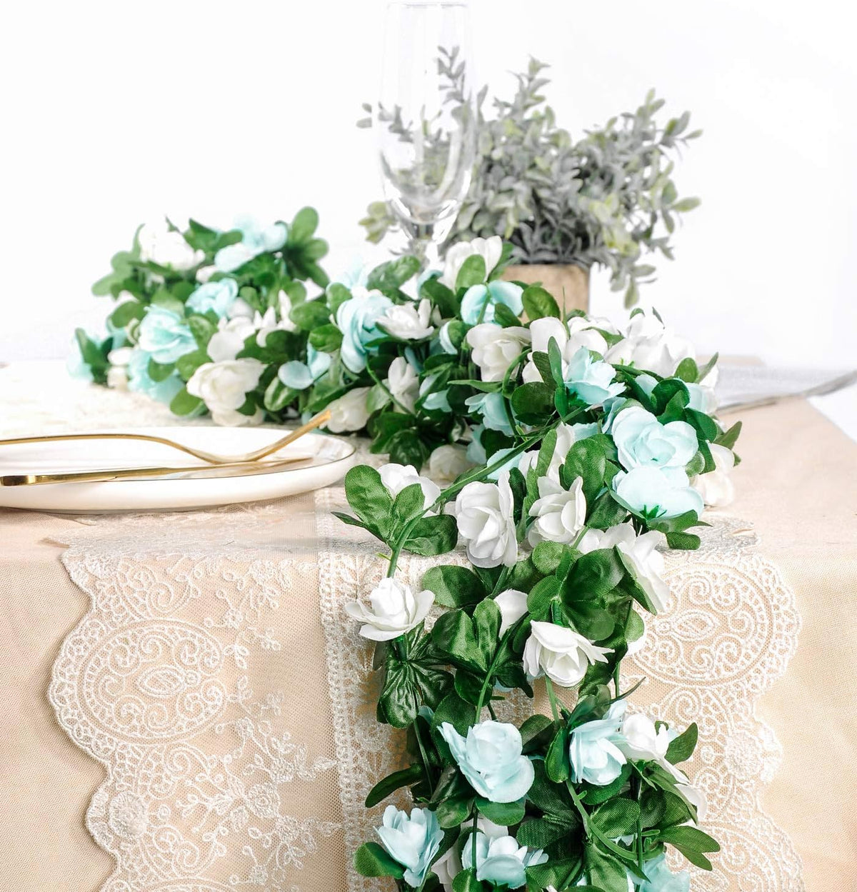 Miracliy 9Pcs 74FT Blue and White Flower Garland Artificial Rose Arch Vines Fake Spring Floral
