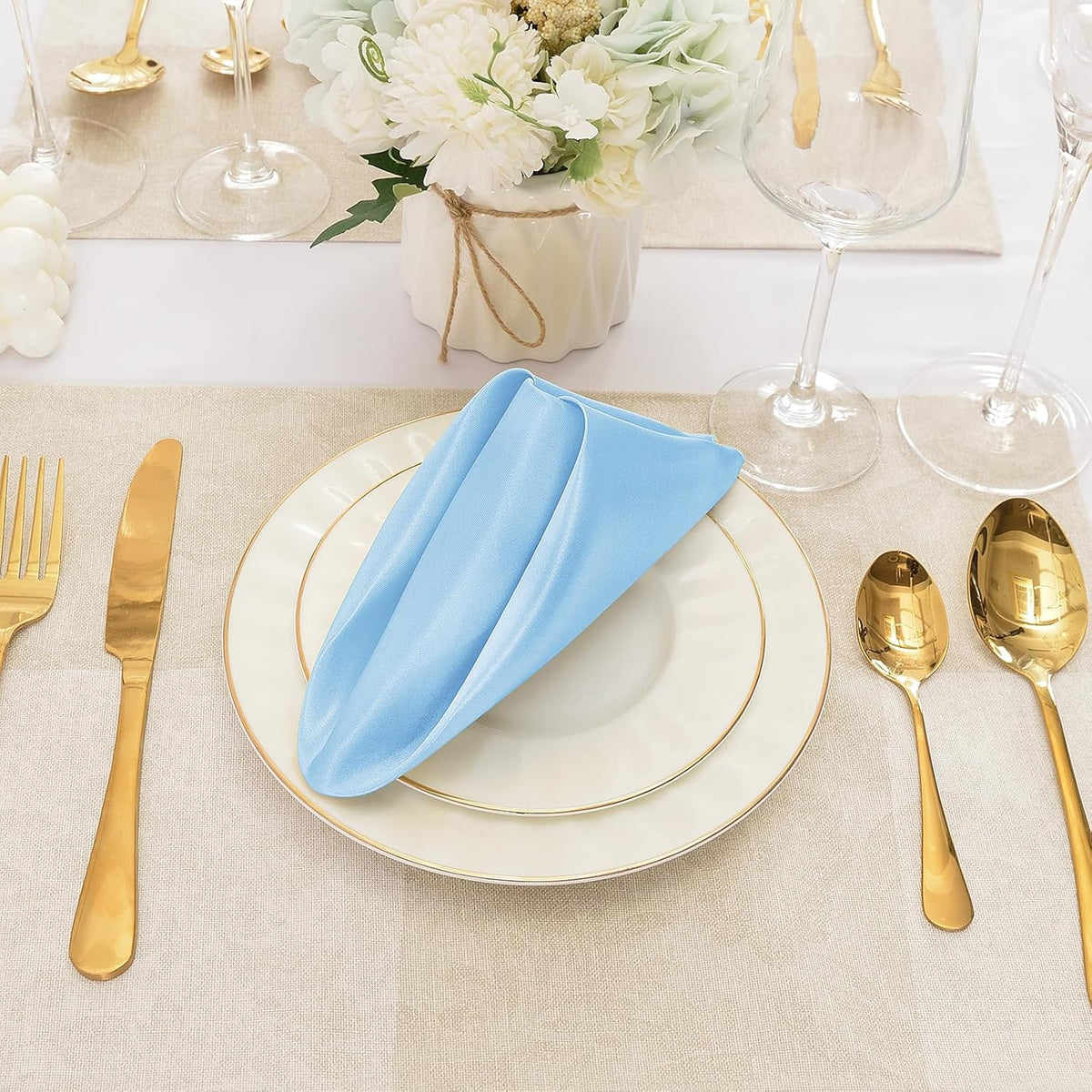 12 Pieces Light Blue Satin Napkins, 17" x 17" Square Table Napkins, Silky Soft Smooth Washable