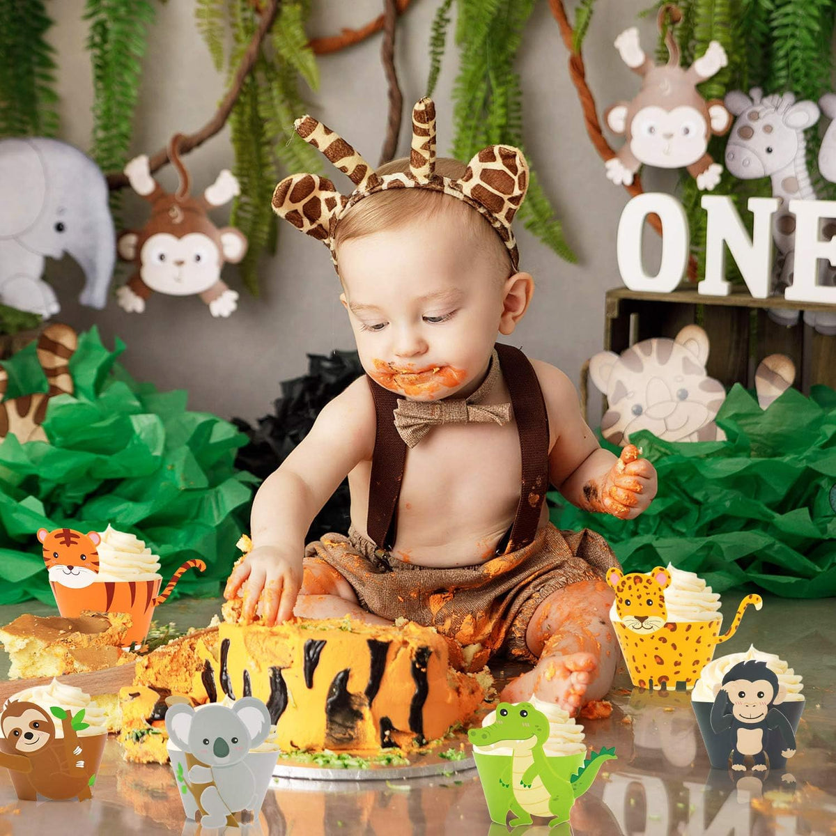 48 Pcs Jungle Safari Animal Cupcake Wrappers Wild Party Cake Decorations Jungle Wild Cake Wrappers
