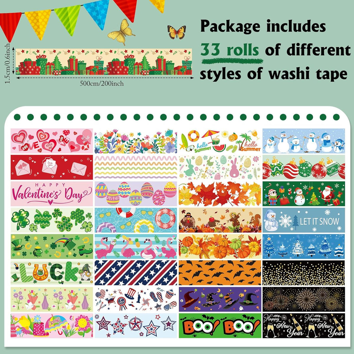 TaoBary 33 Rolls Holiday Plaid Washi Tape, 15 mm Seasonal Washi Tape Set Bohemian Colorful Vintage