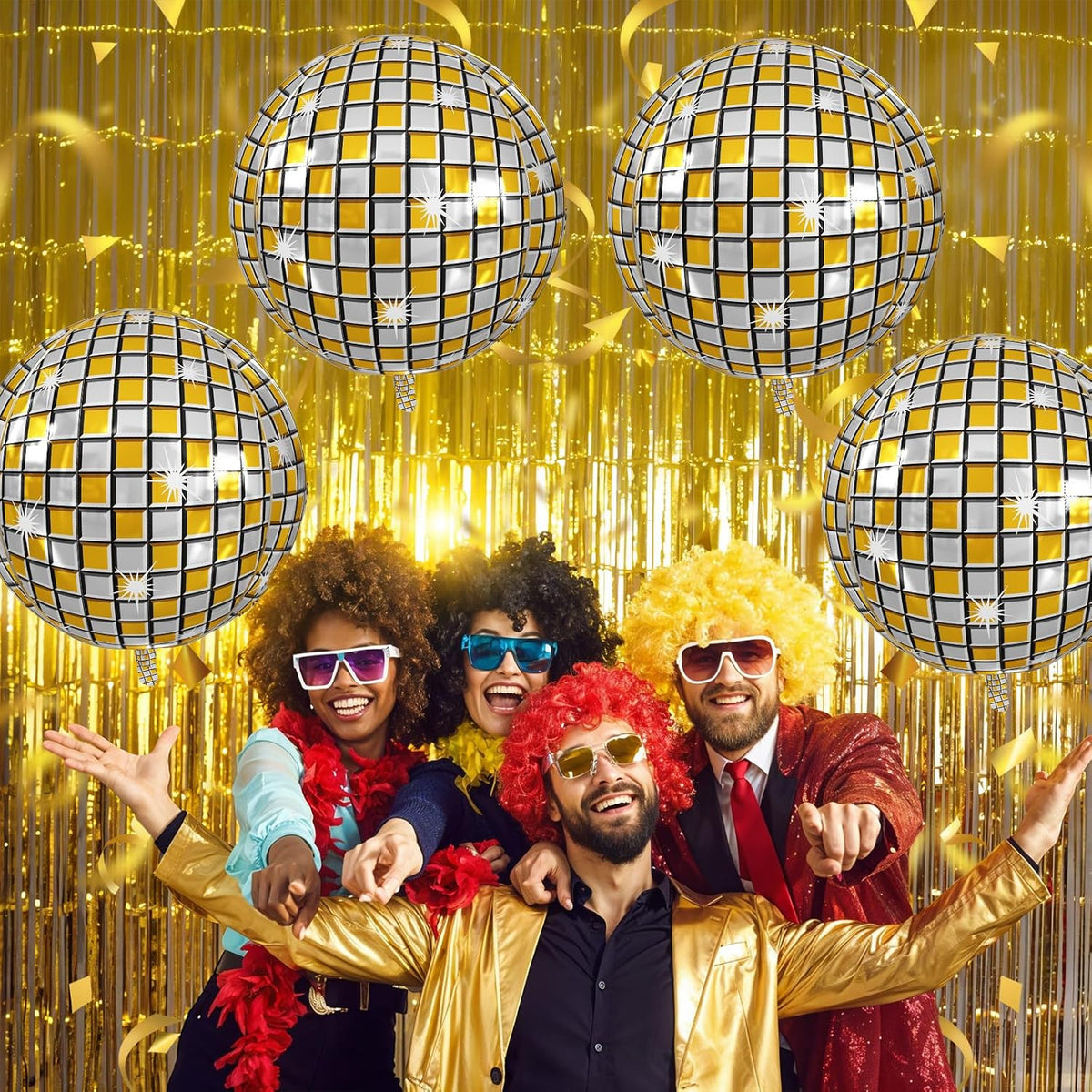 Disco Ball Balloons 4PC,Foil Disco Balloons 22 Inch 4D Round Metallic Gold Silver Balloon for 70s