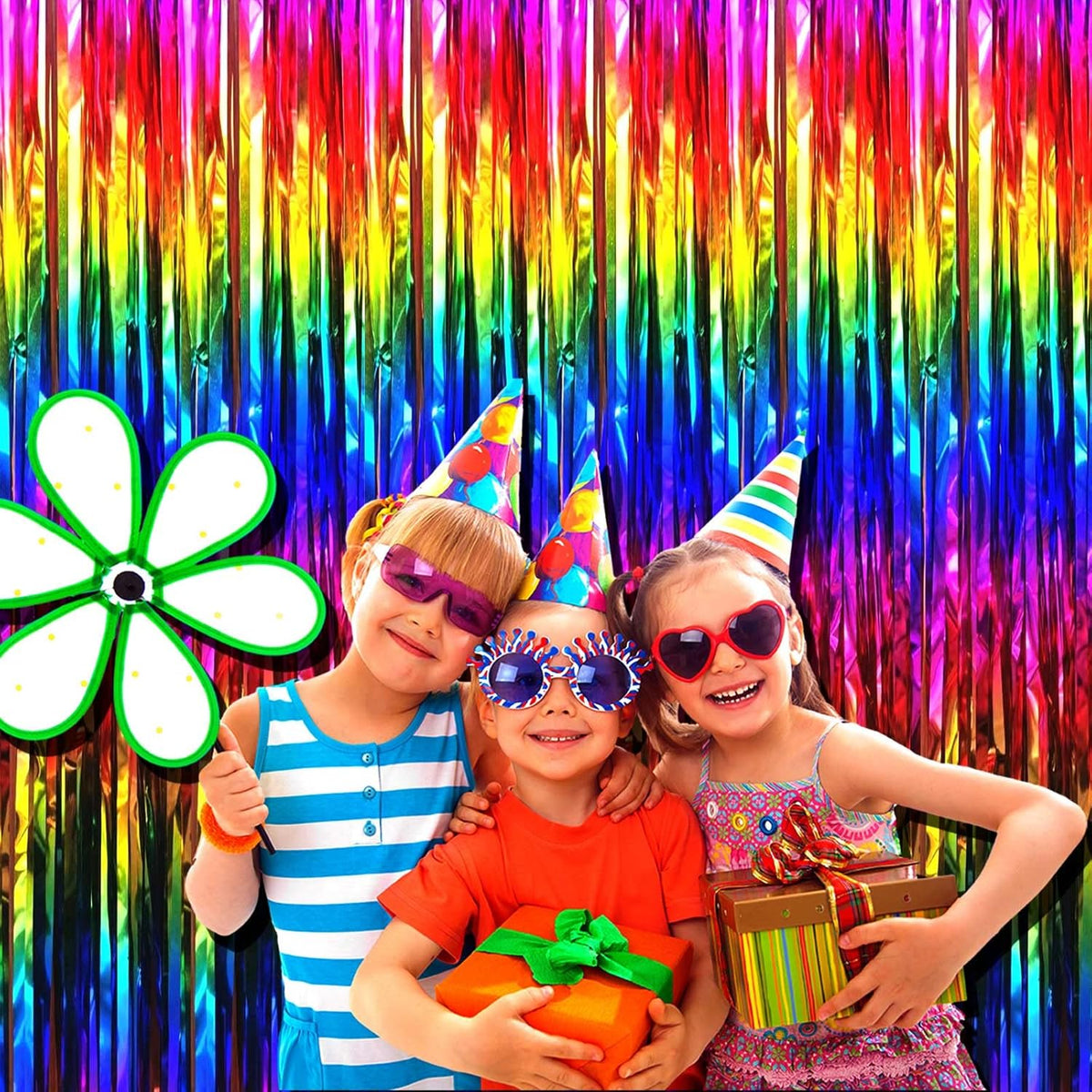 4 Pack Rrainbow Foil Fringe Curtain Backdrop, 3.28Ft x 9.84Ft Colorful Metallic Tinsel Streamers