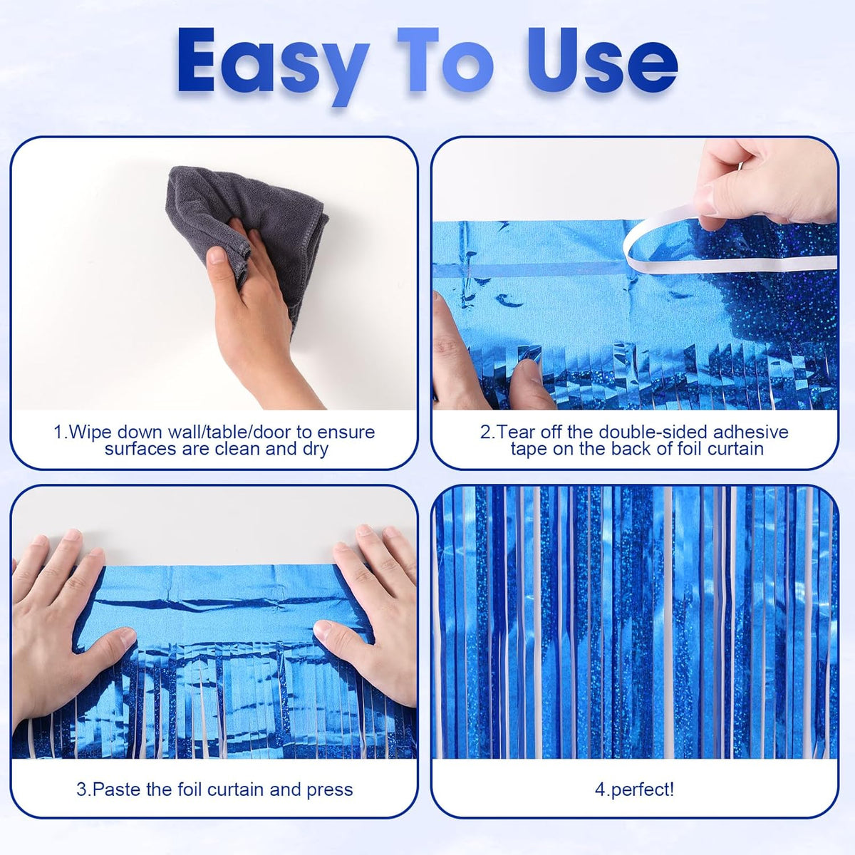 2 Pack Laser Blue Foil Fringe Backdrop Curtains, Tinsel Streamers Birthday Party Decorations
