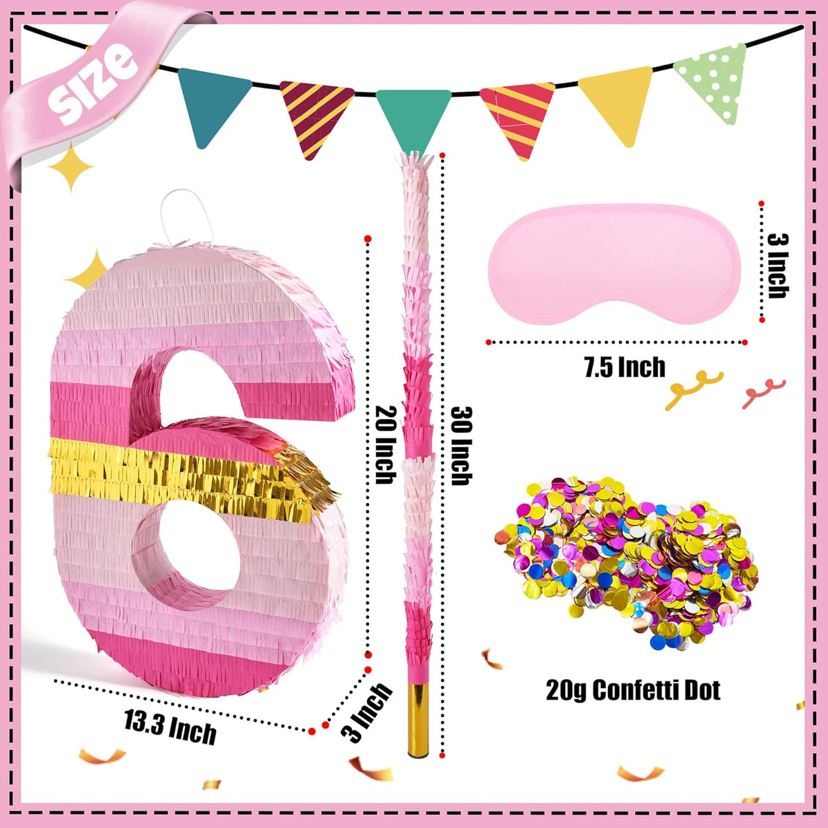 PCFING 20 Inch Number 6 Piñata Pink Gold with 30 Inch Piñata Stick Blindfold Confetti for Boys