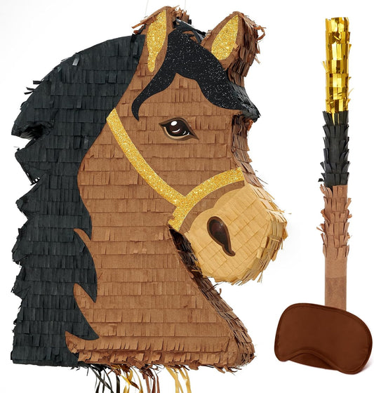 WERNNSAI Horse Piñata - Brown Horse Party Decorations Hanging Cowboy Piñata with Blindfold and Bat
