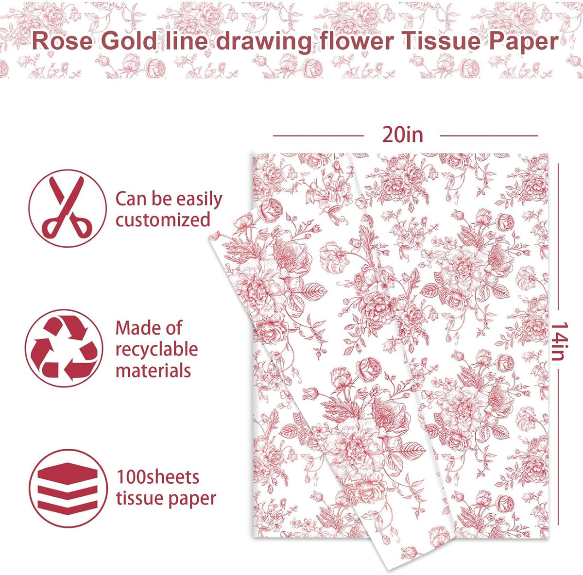 JarThenaAMCS 100 Sheets Floral Tissue Paper Rose Gold Flower Gift Wrapping Paper Vintage Decorative