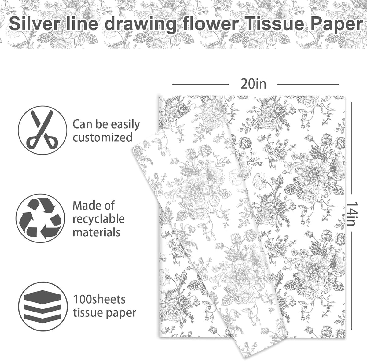JarThenaAMCS 100 Sheets Floral Tissue Paper Silver Flower Gift Wrapping Paper Vintage Decorative