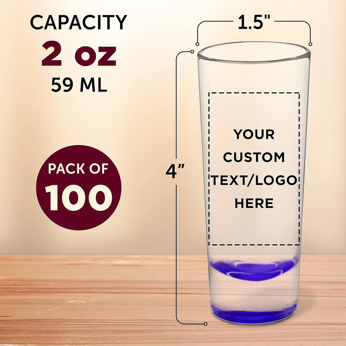 Custom Cordial Shooter Shot Glasses 2 oz. Set of 100, Personalized Bulk Pack - Great for Birthdays