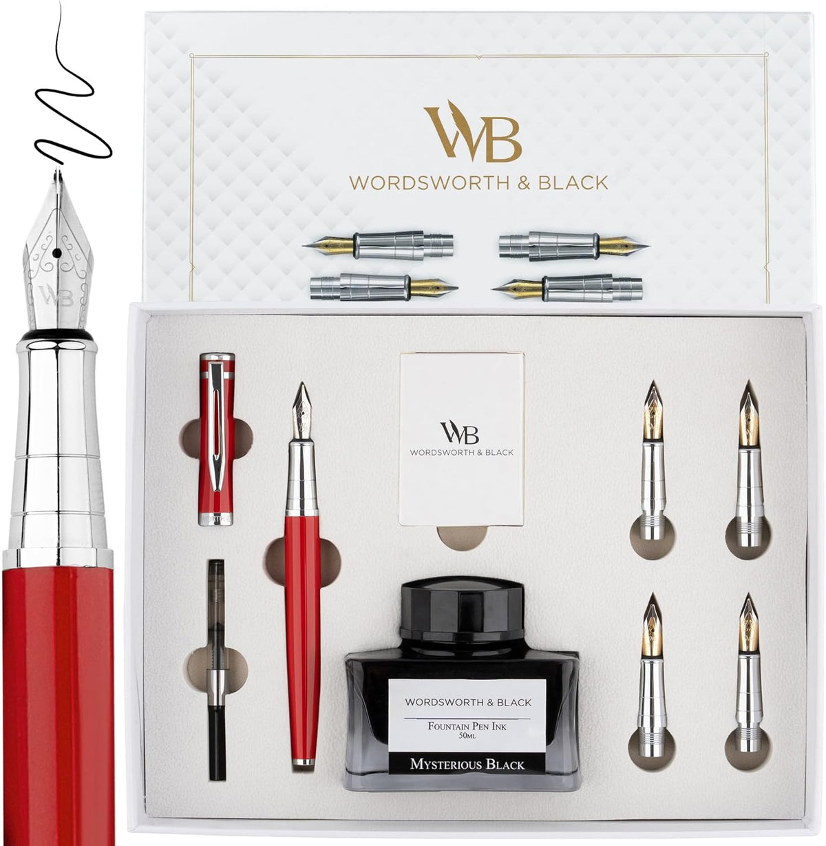 Wordsworth & Black Fountain Pen Gift Set, Includes Bottle, 6 Cartridges Refill Converter, 4