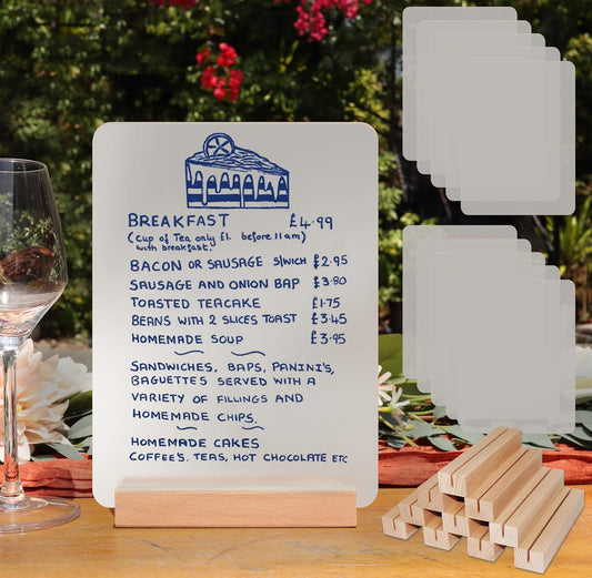 Frosted Blank Acrylic Sign with Wooden Stands - 10 Pack DIY Rectangle Customizable Sign Kit for
